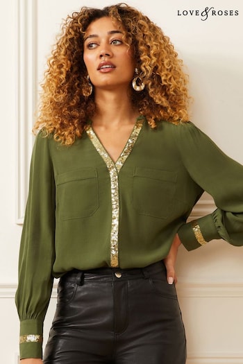 Love & Roses Khaki Green Sequin V Neck Long Sleeve Blouse (K40456) | £38