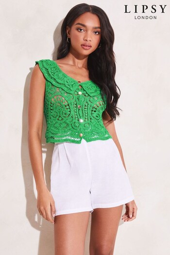 Lipsy Green Crochet Ruffle Bardot Sleeveless Knitted Top (K40467) | £36