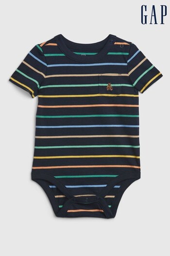 Gap Navy Black & Rainbow Stripe Pocket Short Sleeve Baby Bodysuit (K40571) | £8