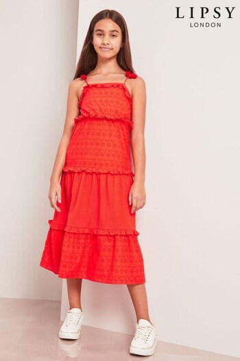 Lipsy Red Broderie Tiered Broderie Maxi Dress (K40780) | £38 - £46