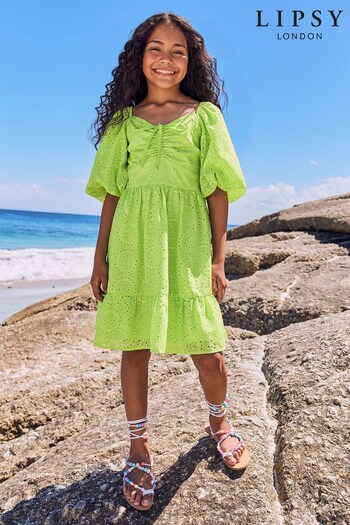 Lipsy Lime Green Broderie Puff Sleeve Trapeze Dress (K40783) | £34 - £42