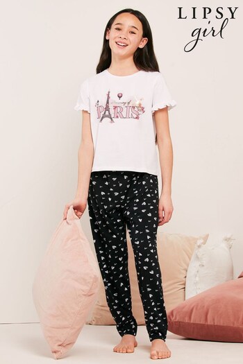 Lipsy Black Frill Short Sleeve Long Leg Pyjamas (K40852) | £11.50 - £17.50