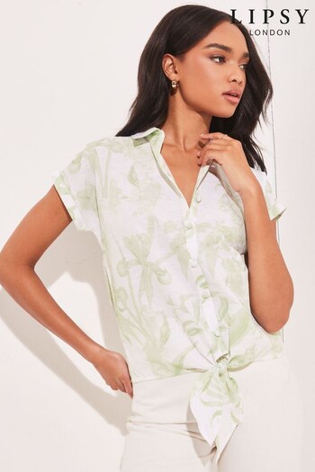 Lipsy Green Print Short Sleeved Tie Front Button Up Shirt (K40855) | £34
