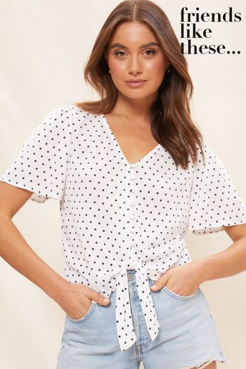 Friends Like These Black/White V Neck Tie Front Short Sleeve Top (K40929) | £22
