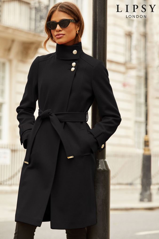 Lipsy Black Military Button Wrap High Neck Belted Coat (K40992) | £89