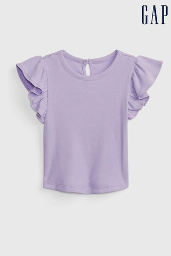 Gap Purple Ribbed Flutter Sleeve Crew Neck T-Shirt (K41369) | £10