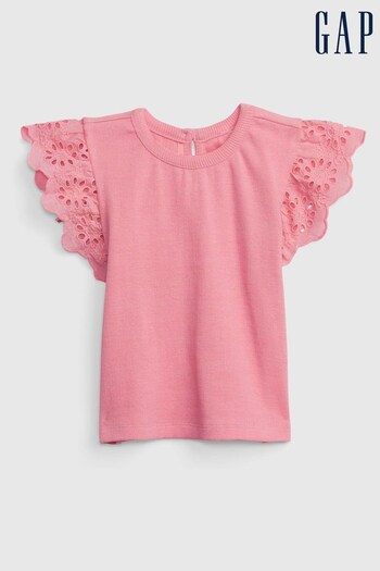 Gap Pink Ribbed Flutter Sleeve Crew Neck T-Shirt (K41370) | £10