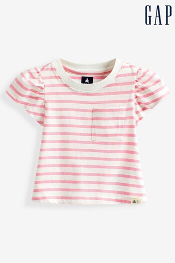 Gap Pink Stripe Pocket Puff Sleeve Crew Neck T-Shirt (K41373) | £8