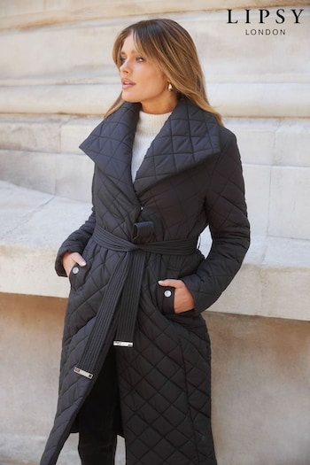 Lipsy Black Petite Quilted Belted Wrap Padded Coat (K41399) | £79