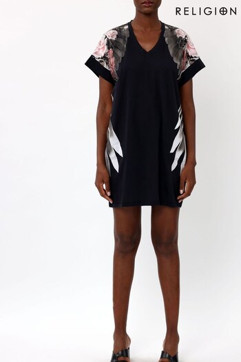 Religion Black Floral Print Jersey Tunic Dress (K41453) | £58