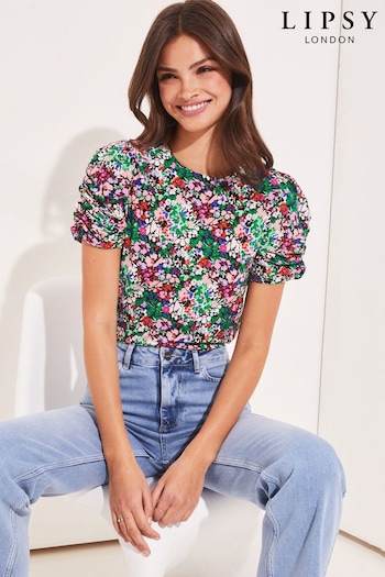Lipsy Pink Ditsy Floral Ruched Sleeve Top (K41509) | £18