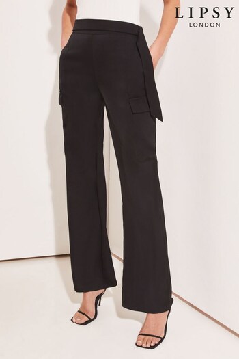 Lipsy Black Wide Leg Belted Satin Cargo Trousers Pyjama (K41521) | £38