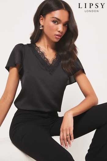 Lipsy Black Satin Lace Trim V Neck Short Sleeve T-Shirt (K41586) | £30