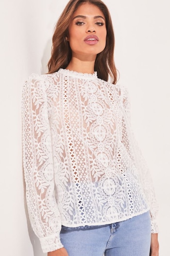 Lipsy White All Over Lace Trim Neck Woven Top (K41589) | £45