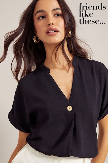 Loafers & Work Shoes Black V Neck Roll Sleeve Button Blouse (K41673) | £27
