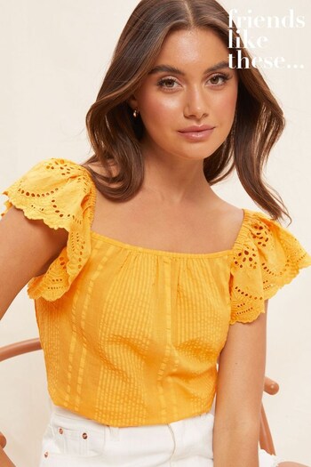 Friends Like These Yellow Broderie Square Neck Ruffle Sleeve Top (K41681) | £29