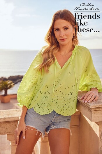 Friends Like These Green 100% Cotton Broderie Tie Neck Puff Sleeve Top (K41686) | £24