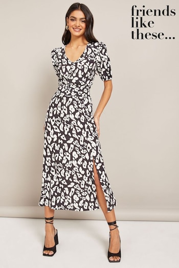 Gifts For Him Monochrome Puff Sleeve Ruched Waist V Neck Midi Summer Dress (K41690) | £38