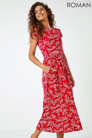 Roman Red Floral Print Midi Stretch Dress (K41697) | £36