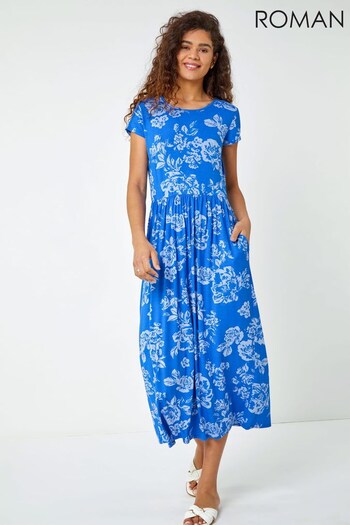 Roman Blue Floral Print Midi Stretch Dress (K41700) | £36