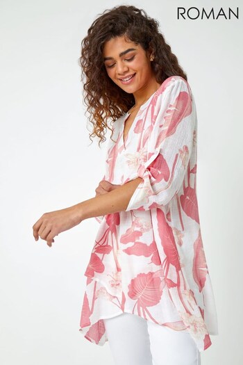 Roman White & Coral Pink Palm Print Wrap Hem Longline Shirt (K41711) | £32