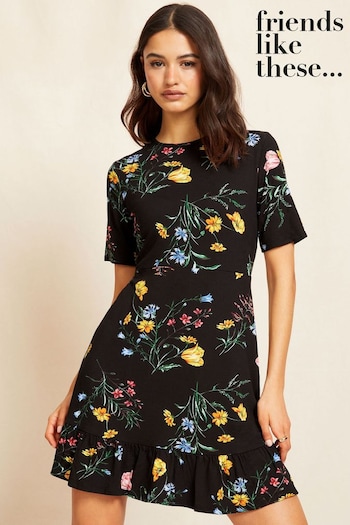 All Personalised Gifts Black Floral Print Short Sleeve Ruffle Hem Jersey Mini Dress (K41726) | £30