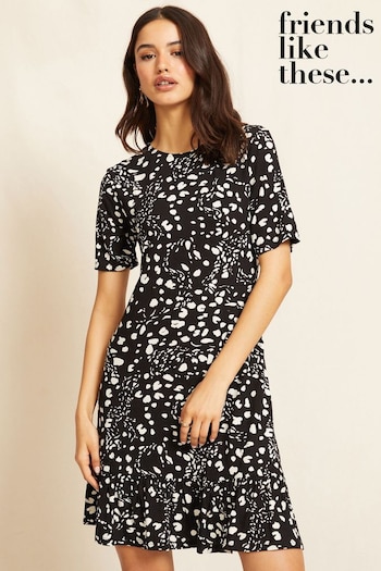 Free Gift - Liz Earle Black Ditsy Short Sleeve Round Neck Ruffle Hem Mini Dress (K41728) | £29