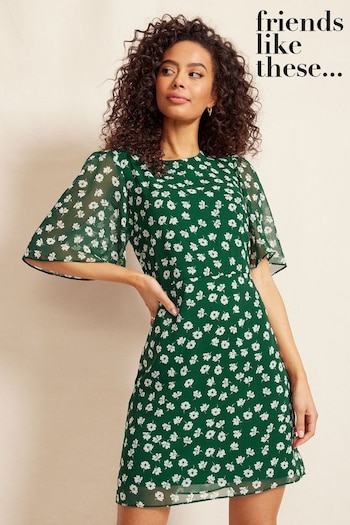 Gifts £20 - £50 Green Floral Short Sleeve Chiffon Mini Dress (K41734) | £40