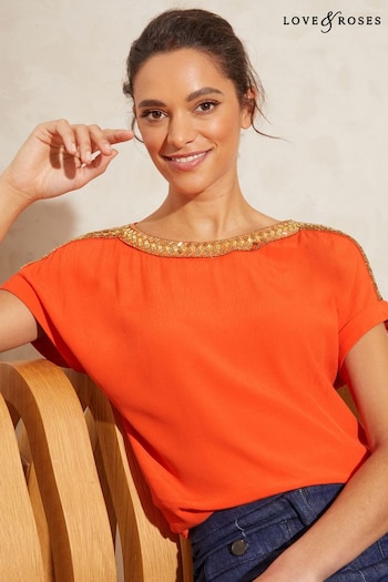 Friends Like These Orange Embellished Embellished Roll Sleeve Top (K41744) | £34