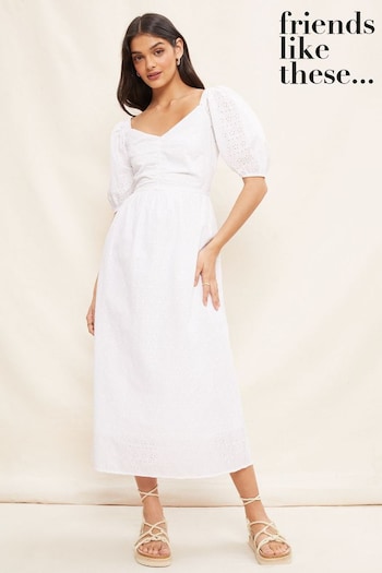 Nest of Tables Ivory Broderie Sweetheart Ruched Neck 3D Puff Sleeve Midi Dress (K41751) | £46