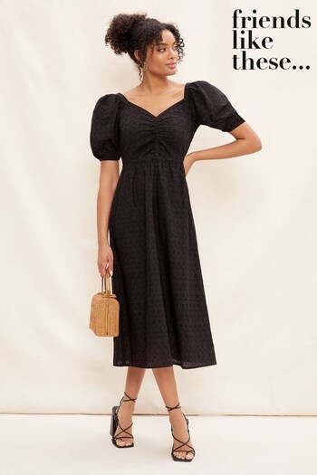 Tops & Blouses Black Broderie Sweetheart Ruched Neck 3D Puff Sleeve Midi Dress (K41752) | £46