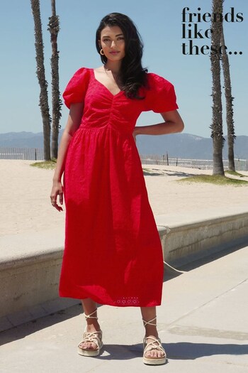 Friends Like These Red Broderie Sweetheart Ruched Neck 3D Puff Sleeve Midi Dress (K41753) | £46