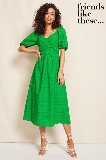 Nest of Tables Green Broderie Sweetheart Ruched Neck 3D Puff Sleeve Midi Dress (K41754) | £46