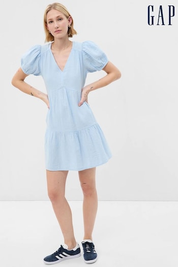 Gap Blue Crinkle Gauze Puff Sleeve Tiered Mini Dress (K42377) | £45