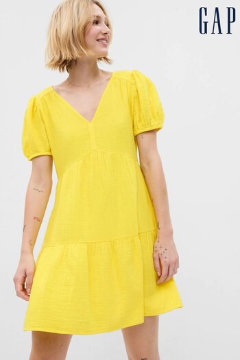 Gap Yellow Crinkle Gauze Puff Sleeve Tiered Mini Dress (K42396) | £45