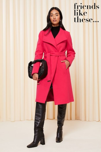 Womens Christmas Nightwear Pink Funnel Neck Wrap Belted Trench Coat (K42405) | £76