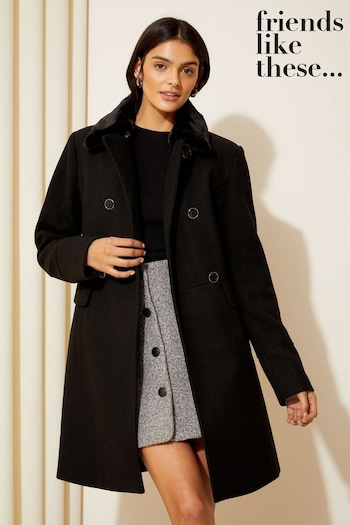 Beauty Top Picks Black Faux Fur Collar Military Button Coat (K42410) | £78