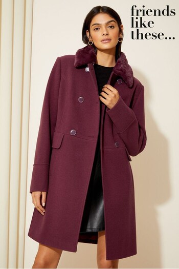 Friends Like These Berry Red Fur Collar Military Button Coat (K42411) | £78