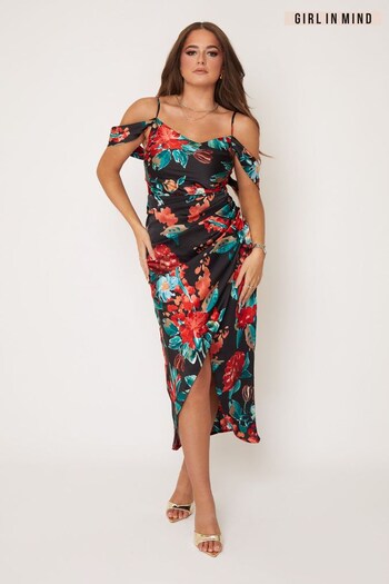 Girl In Mind Black and Red floral Camila Cold Shoulder Wrap Midi Dress (K42451) | £44