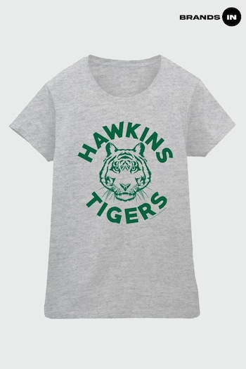 Brands In Grey Netflix Stranger Things Hawkins Tigers Women Heather Grey T-Shirt (K42551) | £24