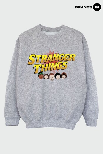 Brands In GREY Netflix Stranger Things Comic Heads Boys Heather Grey Sweatshirt (K42566) | £25