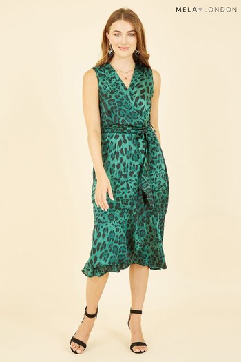 Mela Green Animal Print Satin Wrap Midi Dress (K42596) | £50