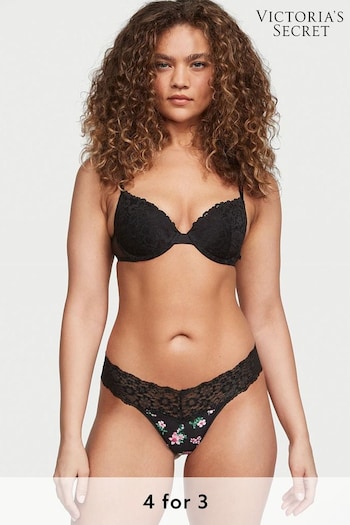 Victoria's Secret Black Meadow Floral Thong Posey Lace Waist Cotton Thong Knickers (K42778) | £9