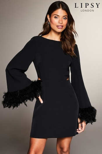 Lipsy Black Long Sleeve Feather Cuff Drape Backless Mini Dress (K42802) | £89