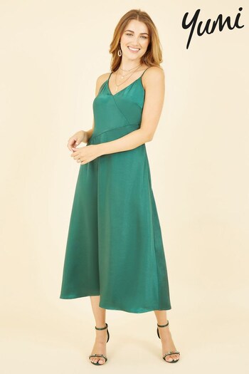 Yumi Green Satin Strappy Midi Dress (K42851) | £60