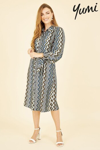 Yumi Blue & Brown Abstract Stripes Shirt Dress (K42852) | £60