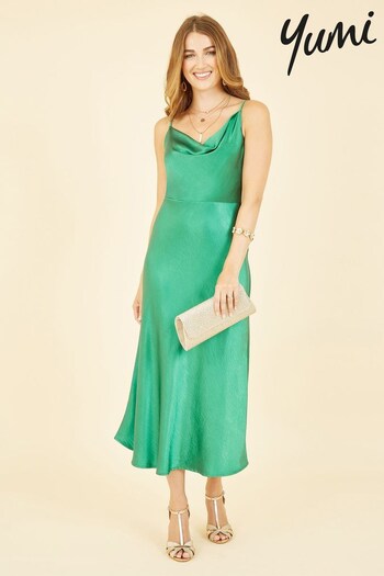 Yumi Green Satin Cowl Neck Slip Dress (K42853) | £60