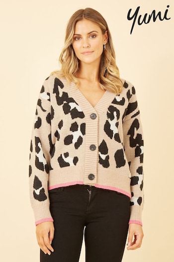 Yumi Cream Black & Pink Oversize Animal Print Intarsia Knitted Cardigan (K42858) | £45