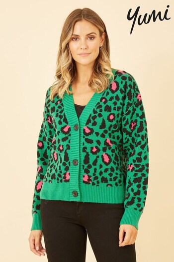 Yumi Green & Pink Oversize Animal Print Intarsia Knitted Cardigan (K42859) | £45