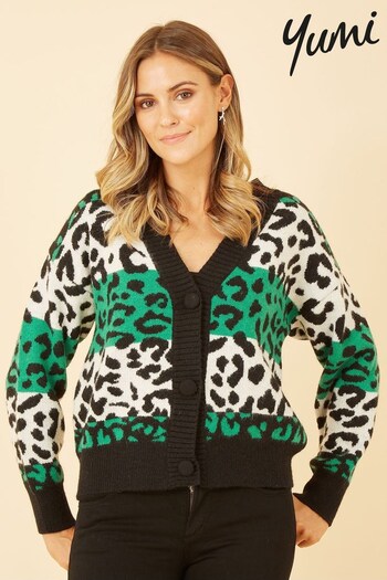 Yumi Green Black & White Oversize Animal Print Intarsia Knitted Cardigan (K42860) | £50